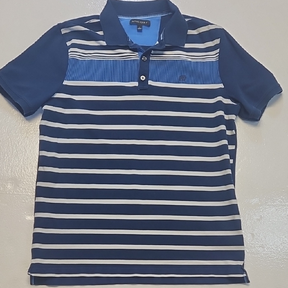 Banana Republic Large Men's Navy White Striped Polo with Light Blue Chest Panel